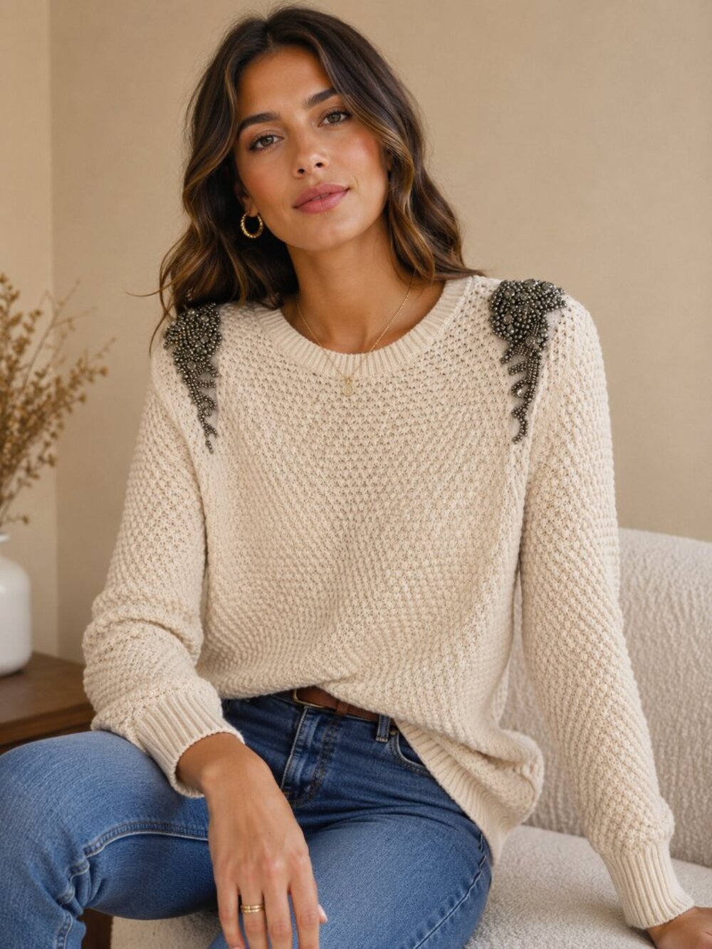 Topshop Embellished Shoulder Knit Sweater | Cream | US 6 / UK 10